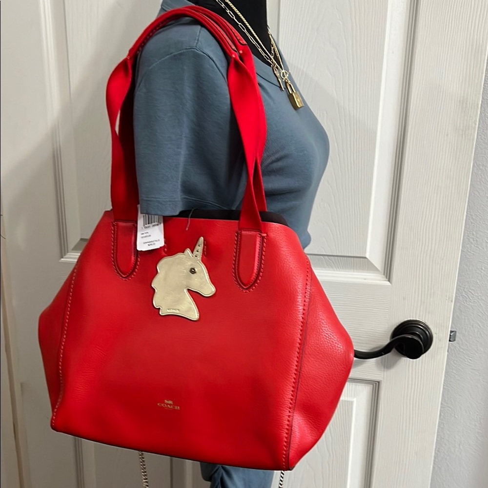 Coach Red Leather Derby Tote with Gold Accents